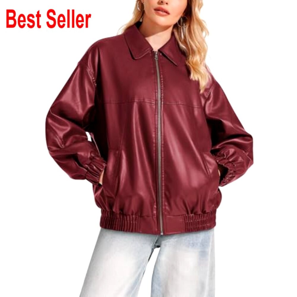 Oversized Faux Leather Bomber Jacket Zip Up Motorcycle Style S-XXL - Picture 2 of 7